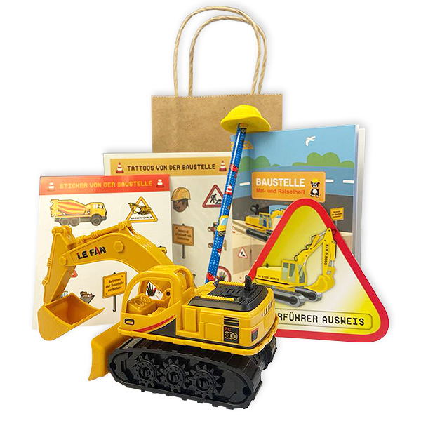 Baustelle Geschenkset, 7-tlg. mit Baggerauto, Sticker, Tattoos uvm. von Geburtstagsfee