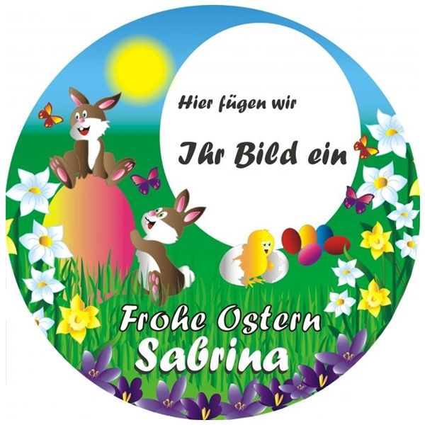 Frohe Ostern Tortenaufleger mit Foto und Namen – rund, E14 von Geburtstagsfee