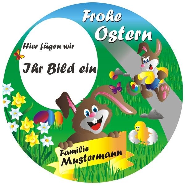 Frohes Osterfest Tortenbild mit Foto, Name – rund, E14 von Geburtstagsfee