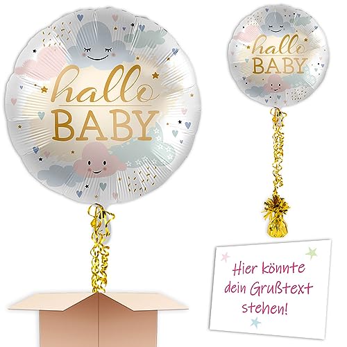 Gefüllter Heliumballon Golschrift "Hallo Baby" zur Geburt mit Rosa Wölkchen inkl. Schmuckbändern und Ballongewicht zum verschenken oder versenden an eine andere Lieferadresse - Mit Karte von Geburtstagsfee