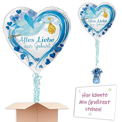 Heliumballon zur Geburt mit Helium gefüllt Herz Storch "Alles Liebe zur Geburt" mit Schmuckbändern und Ballongewicht zum verschenken oder versenden an eine andere Lieferadresse - Mit Karte von Geburtstagsfee