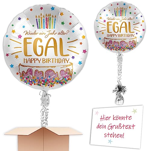 Heliumgefüllter Folienballon als Ballongruß zum Geburtstag "Egal" Ø 35cm mit Schmuckbändern und Ballongewicht fertig zum verschenken oder versenden an eine andere Lieferadresse von Geburtstagsfee