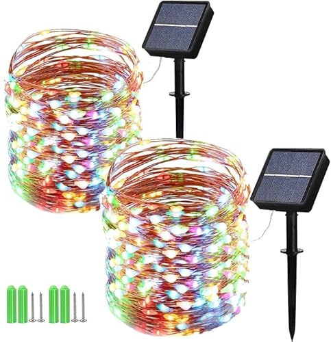 Geemoo 2 Stück Solar Weihnachtsbeleuchtung Außen 15M 150 LED, Solar Kupferdraht Lichterkette Aussen Bunt, 8 Modi, Solar lichterkette Wetterfest für Weihnachten Außen Garten Terrasse Outdoor von Geemoo