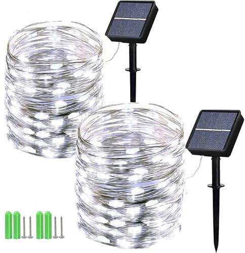 Geemoo 2 Stück Solar Weihnachtsbeleuchtung Außen 15M 150 LED, Solar Kupferdraht Lichterkette Aussen Weiß, 8 Modi, Solar lichterkette Wetterfest für Weihnachten Außen Garten Terrasse Outdoor von Geemoo