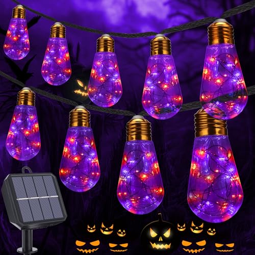 Geemoo Halloween Deko Outdoor, 8M 160LED Solar Lichterkette Aussen mit 16 Glühbirnen, Halloween Solarlichterkette Orange Lila mit 8 Modi, IP65 Wasserdicht Outdoor Deko für Party Garten Terrasse Balkon von Geemoo