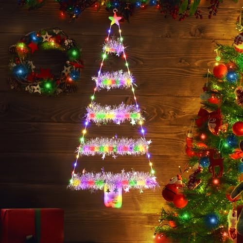 Geemoo Weihnachtsbeleuchtung Außen Batterie, 81cm Weihnachtsbaum Leiter Lichterkette mit Lametta Girlande, Timer, 8 Modi, Bunt Fensterlicht für Innen, Fenster, Party, Hochzeit, Tür, Weihnachtsdeko von Geemoo