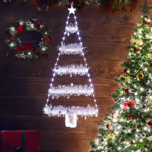 Geemoo Weihnachtsbeleuchtung Außen Batterie, 81cm Weihnachtsbaum Leiter Lichterkette mit Lametta Girlande, Timer, 8 Modi, Weiß Fensterlicht für Innen, Fenster, Party, Hochzeit, Tür, Weihnachtsdeko von Geemoo