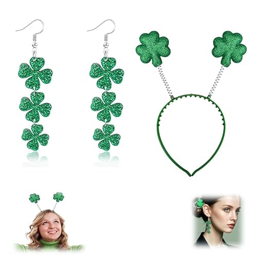 Gehanico Patrick's Day Kleeblatt-Stirnband, Kleeblatt-Kopf-Bopper, Kostüm-Haarschmuck mit Ohrringen, grüner Glitzer, irisches Party-Kostüm, Stirnband, St. Patrick's Haarschmuck (Kopfbedeckung + von Gehanico