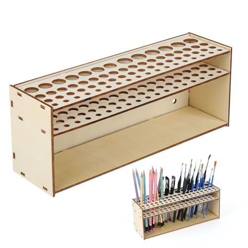 GeiLiO Pinselhalter Malen Holz, Make Up Pinselhalter Holz Pinsel Halter Ständer 67-Loch, Schreibtisch Ständer Organizer, Multifunktionaler Schminke Pinsel Aufbewahrung Malen, Geschenke Für Künstler von GeiLiO