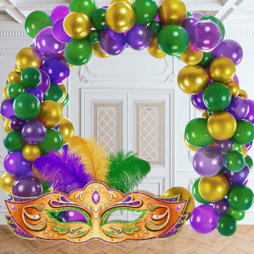 Gejoy 108 Stück Mardi Gras Dekorationen Lila Grün Gold Ballon und 99,1 cm große Mardi Gras Maske Karton Kit für Karneval Dekorationen Karneval Party Dekorationen New Orleans Party von Gejoy