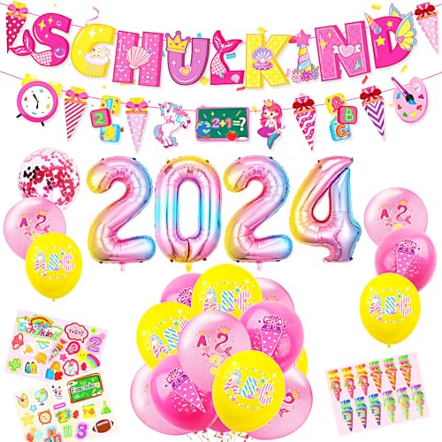 2024 Schulkind Einschulung Deko, Einschulung Geschenk für Mädchen, Schulanfang Deko Set Mit SCHULKIND Banner+Girlande+22 Luftballon+2024 Zahlenballons+3 Aufkleber (Rosa) von Gelanty