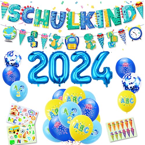 2024 Schulkind Einschulung Deko Junge, Schuleinführung Jungen Dinosaur Deko Set Mit SCHULKIND Banner+Girlande+22 Luftballon+2024 Zahlenballons+3 Aufkleber (Blau) von Gelanty