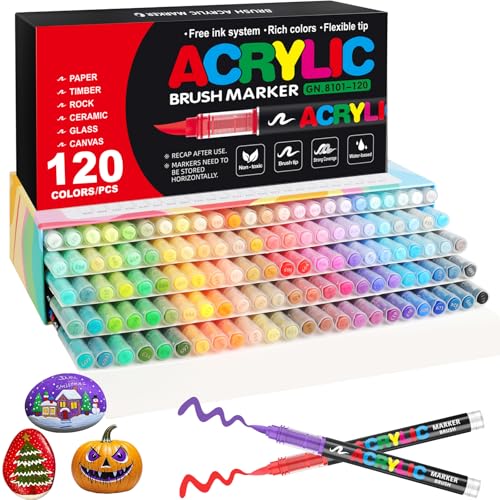 Gelanty Acrylstifte, 120 Farben Acrylic Paint Marker Set mit flexibler Pinselspitze, Stifte für Steine Bemalen, Straight Liquid Acrylic Brush Marker für Erwachsene und Kinder zum Diy-Handwerk von Gelanty