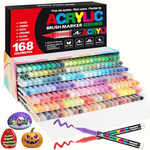 Gelanty Acrylstifte, 168 Farben Acrylic Marker mit flexibler Pinselspitze, Direktflüssigkeit Acrylic Paint Marker für Felsmalerei, Keramik, Holz, Glas von Gelanty