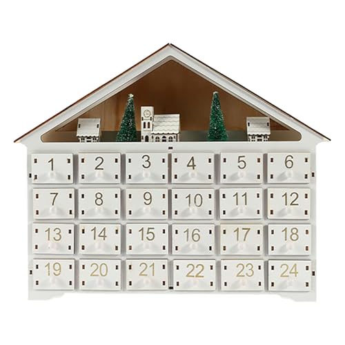 60-minütiger großer Weihnachts-Adventskalender 2024 aus Holz mit Weihnachtsbaum, eingebautem LED-Licht, Countdown bis Weihnachten, mit 24 Schubladen, weiße Klasse (weiß, 41,5 x 33,6 x 8,5 cm) von Gelb&Schwarz