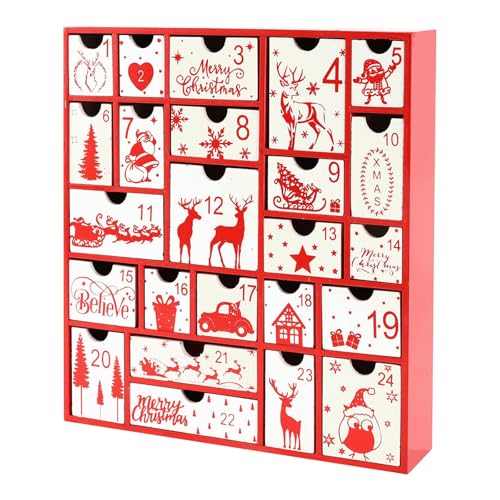 Kitchen Timers Rooster Weihnachts-Adventskalender aus Holz mit 24 Schubladen, Countdown bis Weihnachten, nachfüllbarer Holz-Adventskalender (rot, 32 x 30 x 6,5 cm) von Gelb&Schwarz