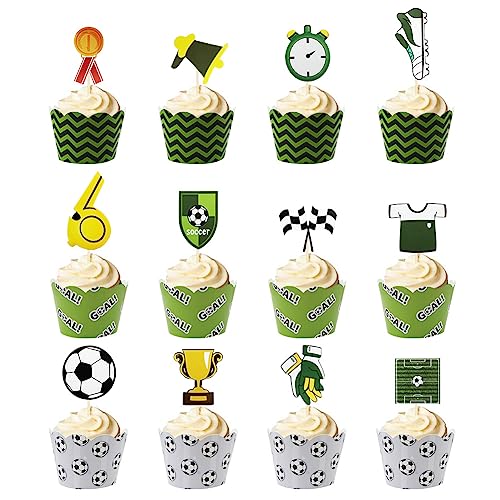 24 Stück Fußball Kuchen Cupcake Topper und Wrappers, Fußball Kuchen Dekorationen für Jungen Mädchen Kinder, Fußball Thema Dekorationen für Geburtstag Party Fußball Sport Party Zubehör von Geluode