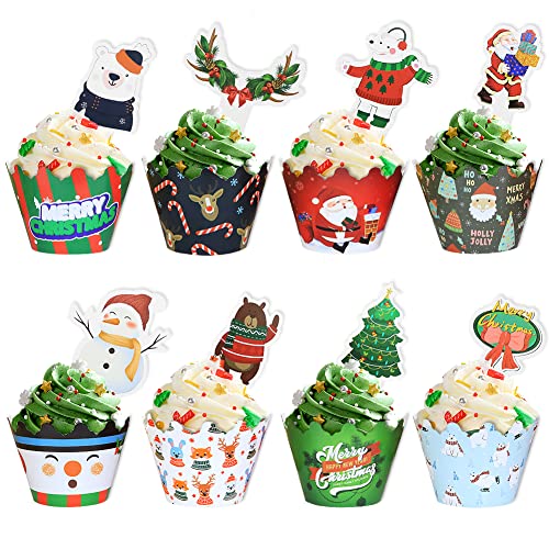 48 Stück Weihnachten Cupcake Topper und Wrapper, Weihnachtsfeier Dekoration Weihnachtsmann Schneemann Rentier Elf Pinguin Weihnachtsbaum Weihnachtskranz Lebkuchen Hand Kuchen Party Dekoration Zubehör von Geluode