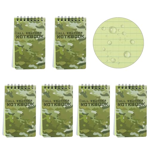 Geluode Allwetter Notizblock, 6Pack Wasserdicht Taschengröße Taktischer Notizblock, 7,6 x 12,7 cm Spiralbindung Notizblock, Wasserdicht Camo-Notizblock für die Aufzeichnung von Outdoor-Aktivitäten von Geluode