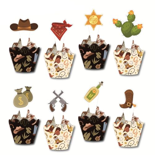 Cowboy-Cupcake-Topper und -Wrapper, 48 Stück Reitender Cowboy Happy Birthday Cupcake-Dekorationen, Western-Thema Cupcake-Dekorationen für Babyparty, Kinder, Jungen, Mädchen, Cowboy, Geburtstagsparty von Geluode