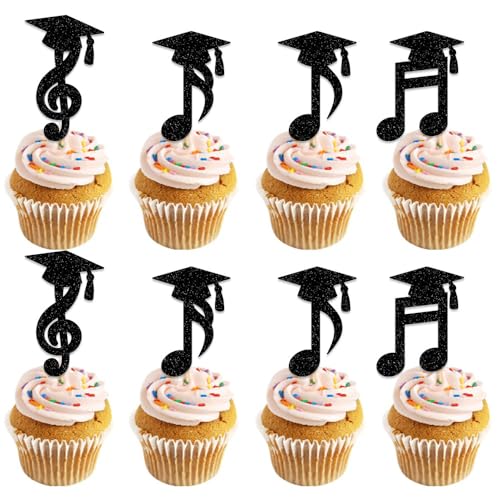 Cupcake-Topper für den Wintergarten mit Musikabschluss, 24 Stück, glitzerndes Musiknoten-Design mit Graduiertenkappe, Cupcake-Dekorationen, für Abschlussfeiern, Kuchendekoration, Partyzubehör, von Geluode