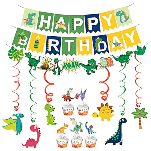 Dinosaurier-Dekorationsset, 54-teiliges Dinosaurier-Hängebanner, Wirbel, Ornamente, Cupcake-Topper und Wrapper, Partyzubehör für Geburtstagsparty-Dekorationen, drinnen oder draußen von Geluode
