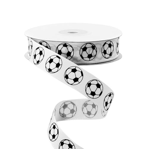 Fußballband, 2cm x 25 Yards, Weißes und Schwarzes Stoffband auf Rolle, Sportthema Fußball, für Babyparty, Geschenkverpackung, Partykränze, DIY-Basteln, Nähen, Haarschleifenclip, Gastgeschenke von Geluode