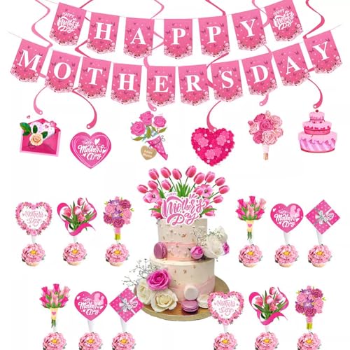Muttertagsdekorationen, 21 Stück, "Happy Mothers Day", rosa Wimpelkette mit hängenden Wirbeln und Nelken, Tulpen, Rose, Kuchendekoration für Muttertag, Geburtstag, Party von Geluode