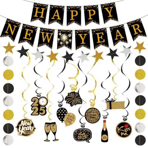 Partydekorationsset "Happy New Year" 2025, goldenes Feuerwerk-Thema, Happy New Year Banner, Wirbelschlangen, NYE Photo Booth Requisiten für Erwachsene, Kinder, Jungen, Mädchen, Party-Dekoration von Geluode