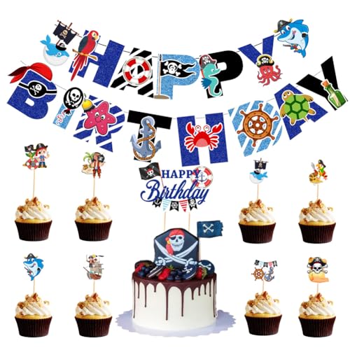 Piraten-Party-Dekorationsset, Happy Birthday Piraten-Themen-Partyzubehör beinhaltet Piraten-Hai-Happy Birthday-Banner, Kuchen-Cupcake-Topper für Kinder, Jungen, Erwachsene, Geburtstagsparty-Zubehör von Geluode