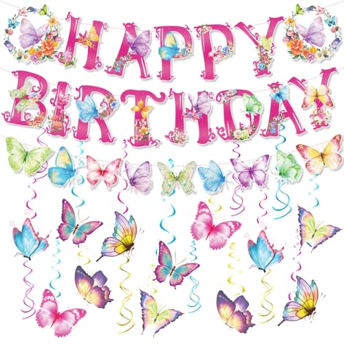 Schmetterlings-Geburtstagsdekorationen, Happy Birthday-Banner, rosa mit Schmetterlings-Hängewirbel, Dekorationen, Frühlingsblumen, Schmetterlingsparty, bunte Wimpelkette für Mädchen, Frauen, Kinder, von Geluode