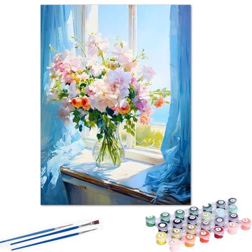 Gemartmall Blume Malen Nach Zahlen Erwachsene- Blumen Malen Nach Zahlen für Erwachsene,Blumen auf der Fensterbank Acrylfarbe Malen Nach Zahlen Erwachsene Set zur Geschenk und Heimdekoration (30x40cm) von Gemartmall