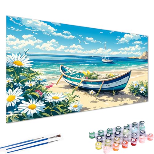 Gemartmall Boot Malen Nach Zahlen Erwachsene- Segelboot Malen Nach Zahlen für Erwachsene,Strand Landschaft Acrylfarbe Malen Nach Zahlen Erwachsene Set zur Geschenk und Heimdekoration (40x60cm) von Gemartmall