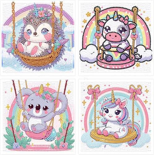 Gemartmall Diamond Painting Kinder 4er Set- Tiere Diamant Painting Bilder, Tiere süß Mosaik Bastelset Kinder für 8 9 10 11 Jahre 15X15 CM von Gemartmall