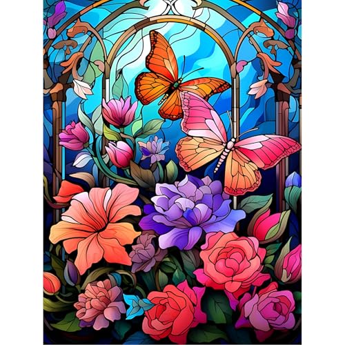 Gemartmall Glasblume Diamond Painting Erwachsene-Diy Set Erwachsene Diamond Painting,Schmetterling Diamond Painting als Geschenk Oder als Wanddekoration Zu Hause Verwendet Werden (30x40CM) von Gemartmall