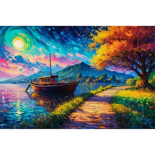 Gemartmall Groß Malen Nach Zahlen Erwachsene Boot-See Malen Nach Zahlen für Erwachsene,groß Landschaft Acrylfarbe Malen Nach Zahlen Erwachsene Set zur Geschenk und Heimdekoration (40x60cm) von Gemartmall