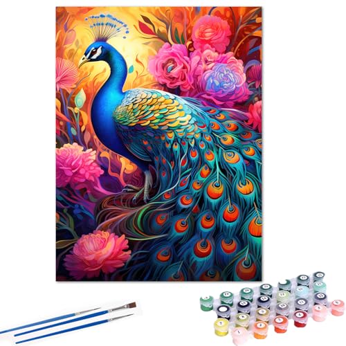 Gemartmall Pfau Malen Nach Zahlen Erwachsene- Tier Malen Nach Zahlen für Erwachsene,Pfau Acrylfarbe Malen Nach Zahlen Erwachsene Set zur Geschenk und Heimdekoration (30x40cm) von Gemartmall