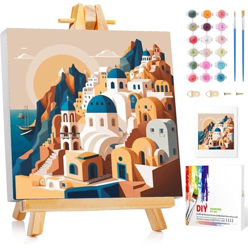 Gemartmall Santorini Malen Nach Zahlen Erwachsene mit Rahmen-Reisen Malen Nach Zahlen mit Rahmen Erwachsene,Acrylfarbe Landschaft Malen Nach Zahlen für Erwachsene zur Heimdekoration(20x20cm) von Gemartmall