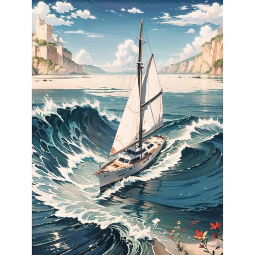 Gemartmall Segelboot Malen Nach Zahlen Erwachsene-Ozean Malen Nach Zahlen für Erwachsene,Boot Acrylfarbe Malen Nach Zahlen Erwachsene Set zur Geschenk und Heimdekoration (30x40cm) von Gemartmall