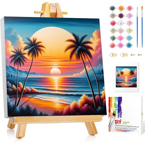 Gemartmall Sonnenuntergang Malen Nach Zahlen Erwachsene mit Rahmen-Ozean Malen Nach Zahlen mit Rahmen Erwachsene,Acrylfarbe Strand Malen Nach Zahlen für Erwachsene zur Heimdekoration(20x20cm) von Gemartmall