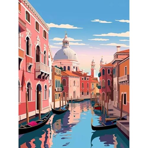 Gemartmall Wasserstadt Malen Nach Zahlen Erwachsene-Venedig Kanal Malen Nach Zahlen für Erwachsene,Boot Acrylfarbe Malen Nach Zahlen Erwachsene Set zur Geschenk und Heimdekoration (30x40cm) von Gemartmall