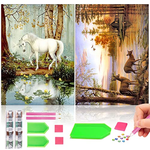 Gemi Diamond Painting Set, 5D Diamant Painting Bilder Erwachsene Kinder, 2 Pack DIY Diamanten Painting Pferd und Hirsche für Home Wand Décor (30x40cm) von Gemi