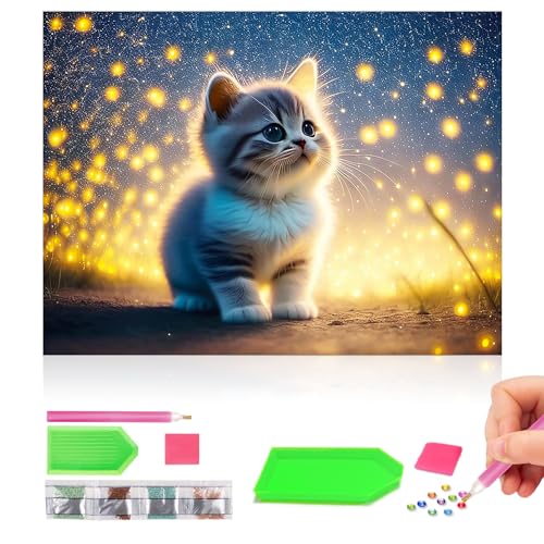 Gemi Diamond Painting Set Erwachsene,DiY 5D Diamond Painting Katzen und Glühwürmchen,Diamant Painting Cat,Malen Nach Zahlen Katzen Für Home Wand Décor Daiments Painting Erwachsene 30x40cm von Gemi