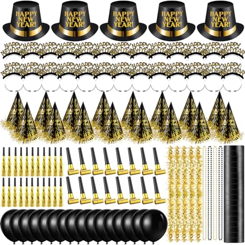 Gemscream 404 Stück Silvester-Partyzubehör 2024 Noise Makers Bulk Party Dekoration Gastgeschenke Papierhüte, Quastenhüte, Tiaras, Hörner, Fransenquawker, Halsketten, Luftschlangen, Pfeifenpapier, von Gemscream