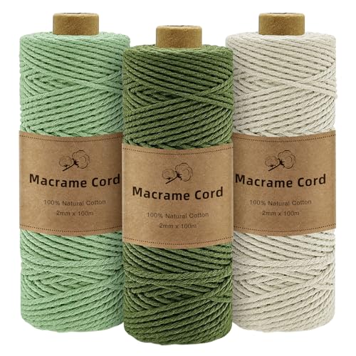 Gemtte Makramee Garn 2mm x100m, 3 Rollen Macrame Cord Geflochten Set, Bunte Makrameegarn für Wandbehang Dekoration, Natur Baumwoll Bastelschnur zum Basteln Stricken Boho Deko von Gemtte