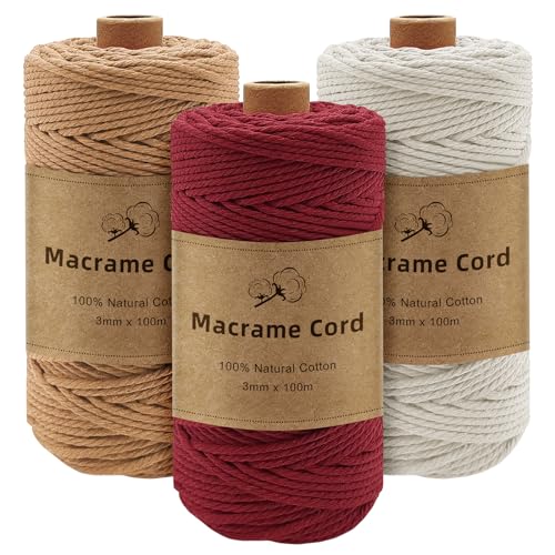 Gemtte Makramee Garn 3mm x100m, 3stk Macrame Cord Geflochten Set, Bunte Makrameegarn für Wandbehang Dekoration, Natur Baumwoll Bastelschnur zum Basteln Stricken Boho Deko von Gemtte