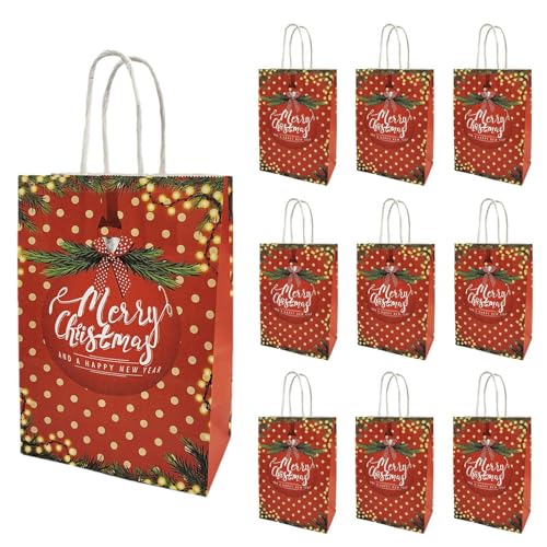 10 Stück Weihnachtstüten – wiederverwendbare Weihnachts-Tragetaschen, festliche Kraftpapiertüten | Goodie-Bags schaffen eine weihnachtliche Stimmung, können jederzeit wiederverwendet werden, mit Griff von Generic