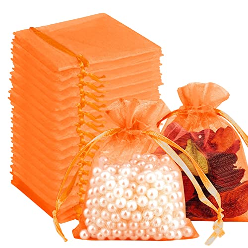 100 Stück Organzasäckchen Geschenk Schmuckbeutel, 7 * 9 cm Klein Organza Säckchen Zum Befüllen, Kordelzug Kleine Geschenkbeutel Schmuck Säckli, für Hochzeit Festival Party Weihnachten, Orange von Generic