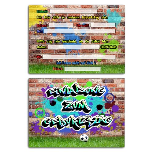 12 x EINLADUNGSKARTEN (A6) zum Kindergeburtstag für unvergessliche Geburtstagsfeiern und Partys im bunten Graffiti - Design mit einem Fußball! Ideal als Einladung zum Geburtstag - Ohne Kuverts von Generic