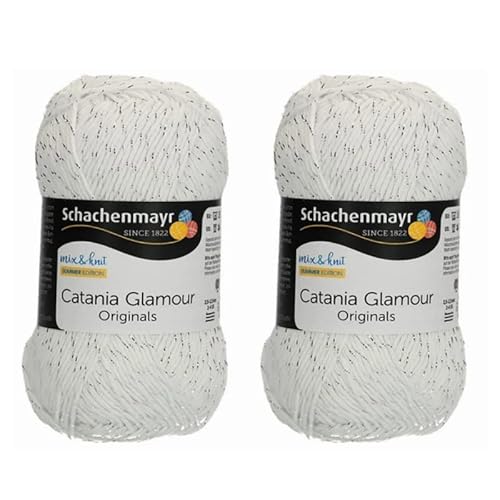 2 Knäuel loser Glitzer Schachenmayr Catania Glamour Garn, Sparkle Cotton Metallic Soft Garn, Easy Crochet SMC Catania Garn, 2-Feines glänzendes Strickgarn, Glitzer Baumwollgarn Pack (101-Weiß) von Generic